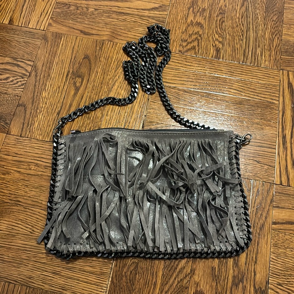 Grey fringe bag with chain handle - made in Italy